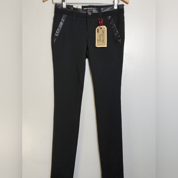 True Freedom Juniors Black Skinny Regular Fit Pants with Faux Leather Trim - Picture 1 of 16